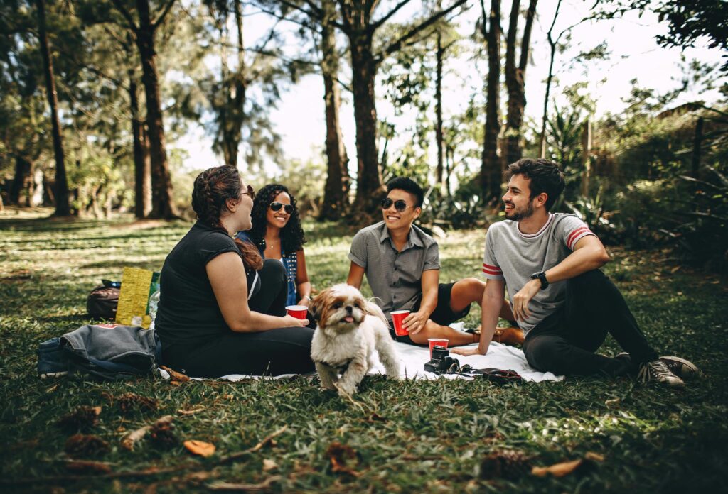 Pet owners gathered in park with dogs — PetHSA helps fund and plan for pet healthcare